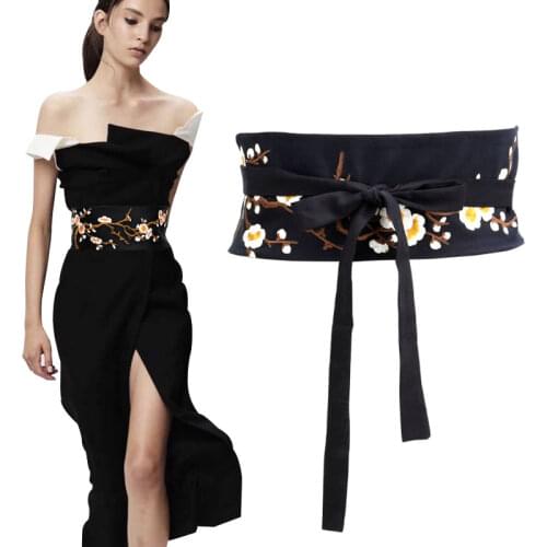 Womens Runway Fashion Black Handmade Embroidery Cotton Cummerbunds Female Vintage Dress Corsets Decoration Wide Waistband Belts