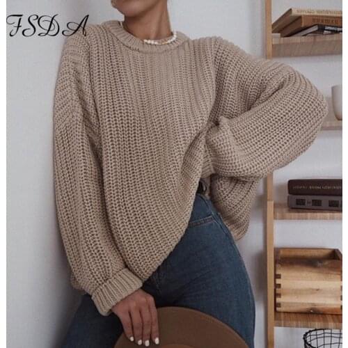 FSDA O Neck Women Loose Knitted Sweater Casual Autumn Winter Khaki Pullover 2020 Long Sleeve Oversized Fashion Jumper Female