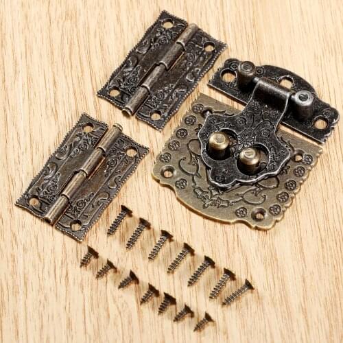1Pc Iron Antique Bronze Suitcase Jewelry Box Padlock Latch Hasp Clasp and 2Pcs Furniture Cupboard Cabinet Door Decorative Hinges