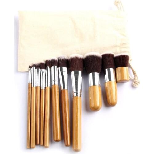 11/1pcs Natural Bamboo Makeup Brushes with Bag Professional Cosmetics Eyeliner Brush Kit Soft Kabuki Foundation Blending Tool