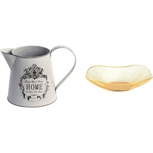 Antique French Style Country Rustic Primitive Jug Vase with Nordic Style Fruit Vegetable Metal Storage Basket