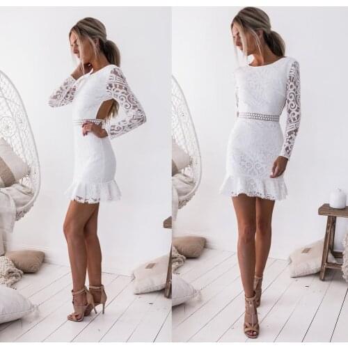 White Bodycon Sexy Party Dresses Hollow Out Backless Lace Mini Long Sleeve Dress 2021