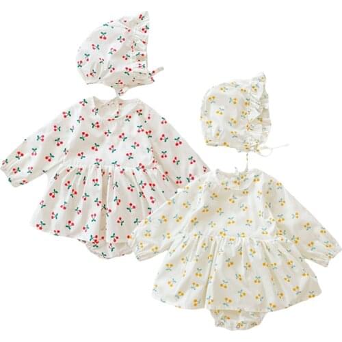 Infant Girls Bodysuits Baby Birthday Clothes Baby Clothes Cherry Print Baby Bodysuit and Hat Set Princess Baby Girl Bodysuits