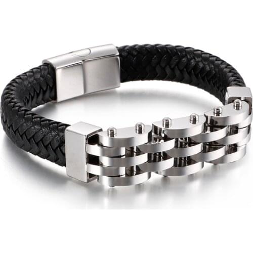 Stainless Steel Magnet Buckle Braided Black Leather Bracelet Multi Layer Gearwheel Men Punk Jewelry 210*12mm