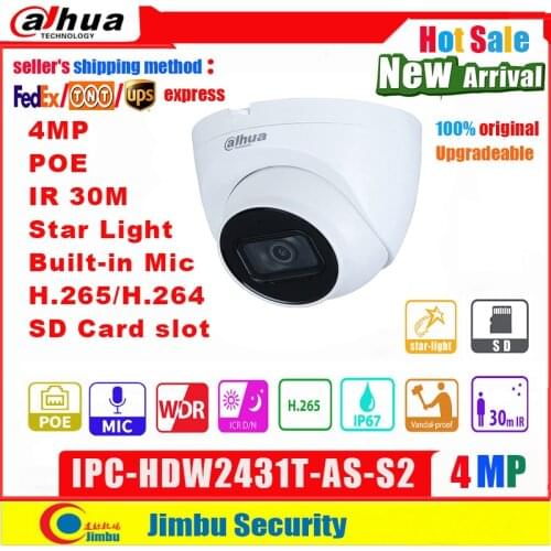 Dahua 4MP IP Camera POE IPC-HDW2431T-AS-S2 H.265/H.264 built-in Mic Built-in IR LED max IR distance 30 m WDR, 3D DNR IP67