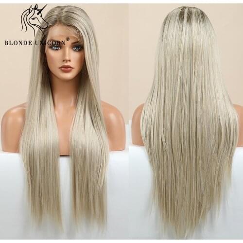 Blonde Unicorn Long Synthetic Straight Ombre Blonde Platinum Lace Part Wig for Women Cosplay High Density Hair Heat Resistant