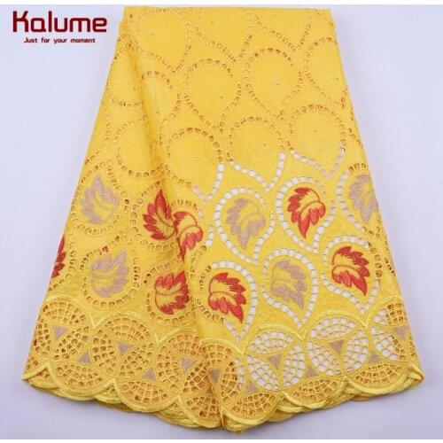 Kalume Yellow Embroidery African Bazin Riche Lace Fabric Hole Design Nigerian Bazin Lace Fabric With Stones For Party Suits 1950