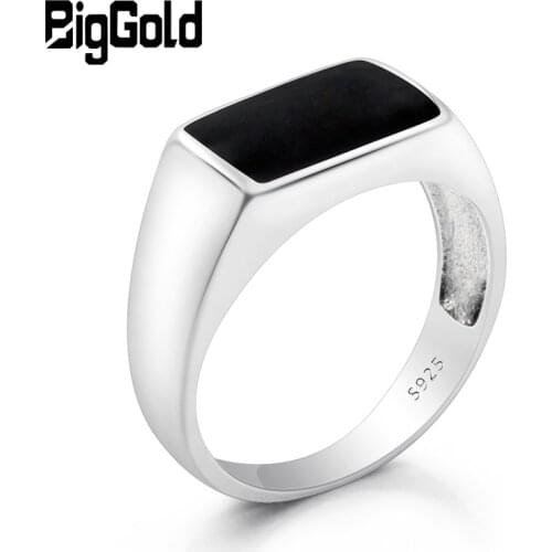 Turkish Men Ring 925 Sterling Silver Rectangle Black Enamel Thai Silver Ring for Men Women Unisex Fashion Jewelry
