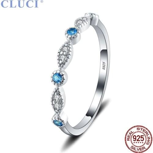 CLUCI 100% Genuine 925 Sterling Silver White Blue Zircon Finger Rings for Women Wedding Engagement Jewelry Rings DR1038SB