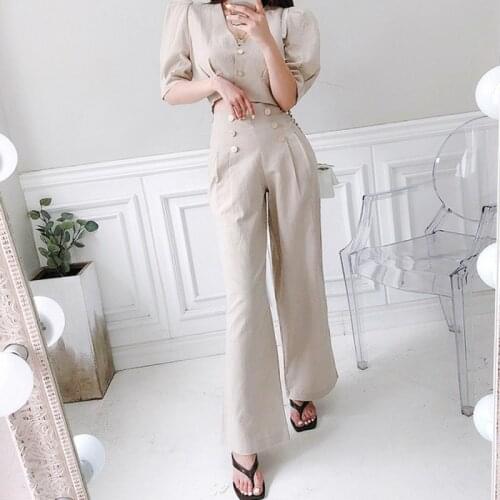 Summer Women Formal 2 Piece Pant Suit New Office Ladies single-breasted Blouses + Hight waist Work Wide-legged pants Set