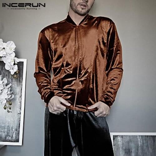 INCERUN Men Jackets Stand Collar Streetwear Long Sleeve Zipper Velour Solid Color Casual Thin Coats 2021 Leisure Outerwear S-5XL