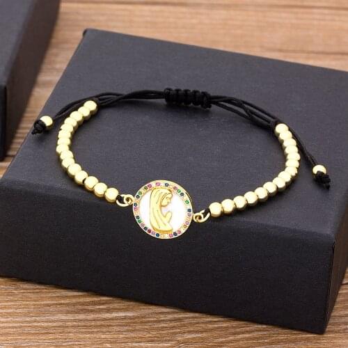 Fashion Design Gold Color Virgin Mary Charm Bracelets For Women Luxury Copper Zircon Beads Handmade Bracelet Religious Jewelry