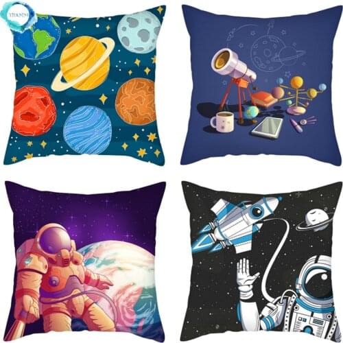 Polyester Cushion Cover Cartoon Astronaut Rocket Painted Pillow Cover For Home Car Sofa Chair Decor Pillowcases 45x45cm