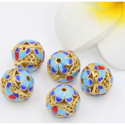 New arrival high grade gold-color enamel spacers hollow beads cloisonne accessories 13mm round ball diy jewelry 5pcs B2512