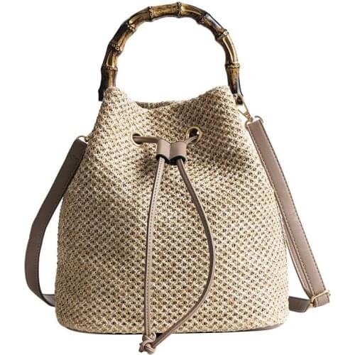 New Drawstring Womens Straw Bucket Bag Summer Woven Shoulder Bags Shopping Purse Beach Handbag Straw Handbags Travel Bag Tote