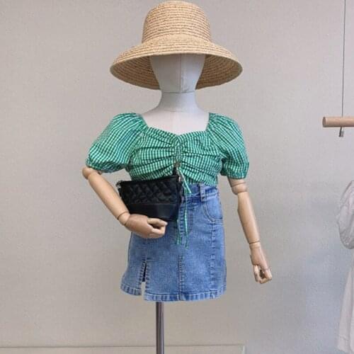 Baby Girl Clothes 2021 New Summer Girls Green Cute Puff Sleeve Childrens Floral Childrens Clothing Plaid Tops + Skirt 2 Sets