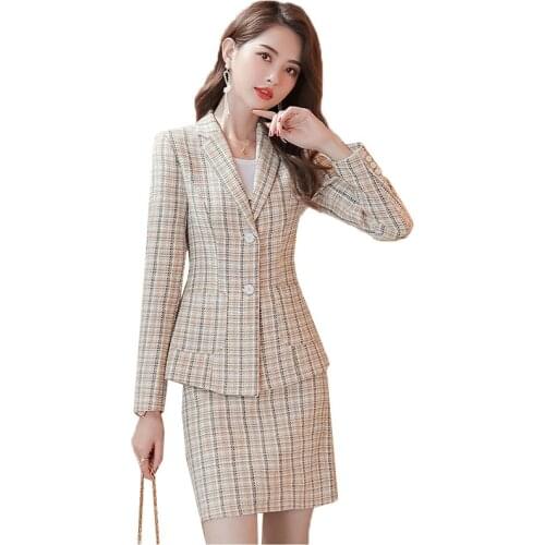 Autumn Women Plaid Small suit 2 Piece Set Blazer High Waist Skirt Office Lady Jacket Skirt Suits Womens Fashion Two piece set