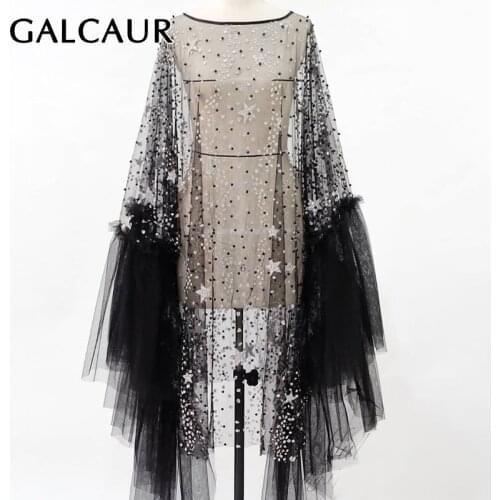 GALCAUR Patchwork Mesh Dresses For Female O Neck Falre Long Sleeve Print Sheet Metal Womens Elegant Dress Fashion Tide 2021
