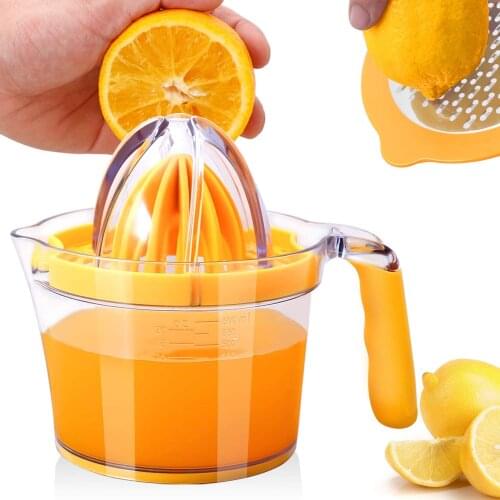 Hand Squeezer Fruit Juicer Lime Press with Built-in Measuring Cup and Grater and Egg separator Non-Slip Silicone Handle