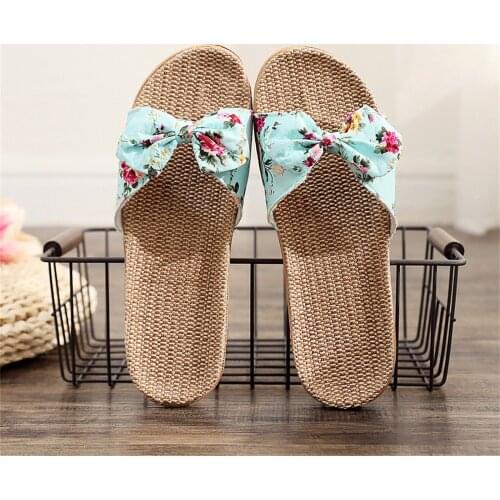 Summer Womens Sandals Fashion Anti-slip Linen Home Indoor Bowknot Open Toe Flat Shoes Beach Slippers Shoes For Women 2021