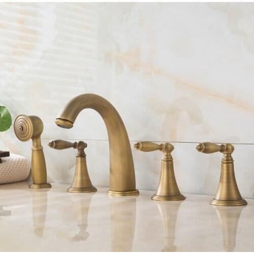 Retro Copper Waterfall Basin Faucet Split Antique Shower Set Hot and Cold Water 5 Holes Deck Mounted Bathtub Mixer Tap