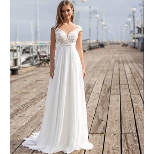 Bohemian Wedding Dress 2021 A-Line Sheer Neck Cap Sleeve Lace Embroidery Button Sweep Train Bride Gown Vestidos De Noiva