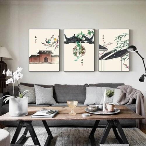 Traditional Chinese Home Decor Ink Painting Ancient Architecture Canvas Painting Wall Decor Poster for Living Room Bedroom Mural