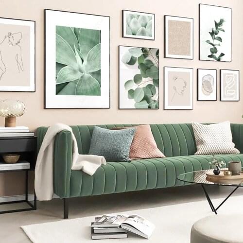 Green Plant Abstract Lines Vintage Poster Nordic Posters and Prints Wall Art Canvas Painting Wall Pictures for Living Room Decor