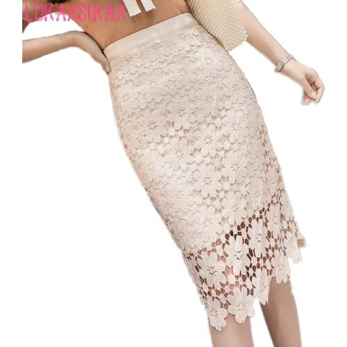 High Quality High Waist Flowers Hollow Out Chemical Lace Skirt 2020 New Spring Summer Women Elegant Slim Midi Pencil Skirt