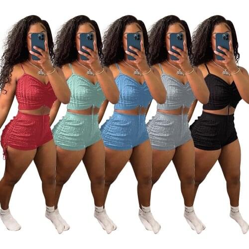 Women Summer Sportswear Knit Rib Crop Top Stacked Shorts Pant Suit Two Piece Set Drawstring Matching Set Fitness Tracksuit Women