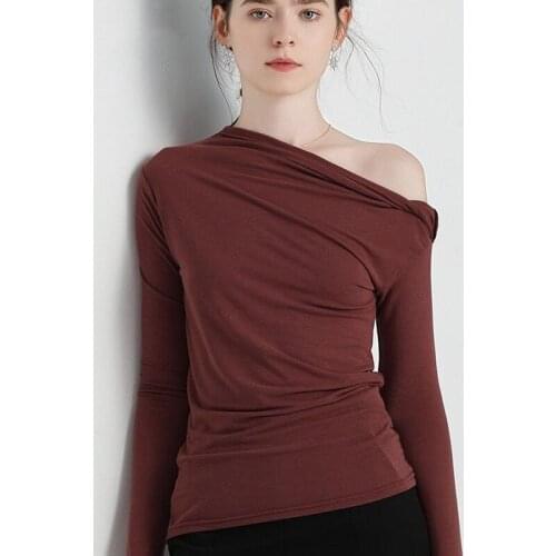 Plus size M-6XL 7XL brand Autunm women long sleeve skew collar Knitted Modal Cotton Shirt candy color Spring blouse tops