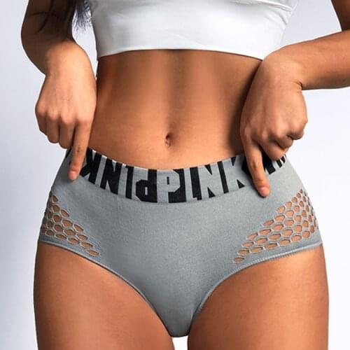 Womens Cotton Letter Print Panties Sexy Seamless Sport Briefs Female Mid Rise Hollow Out Underwear Solid Breathable Lingerie