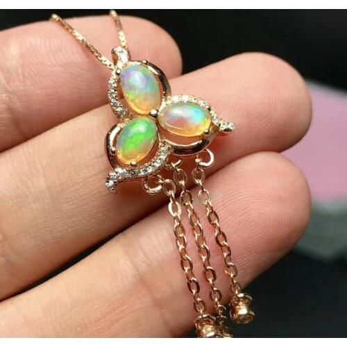 Natural Multicolor opal gem pendant S925 silver Natural Gemstone Pendant Necklace Clover tassel women party fine jewelry