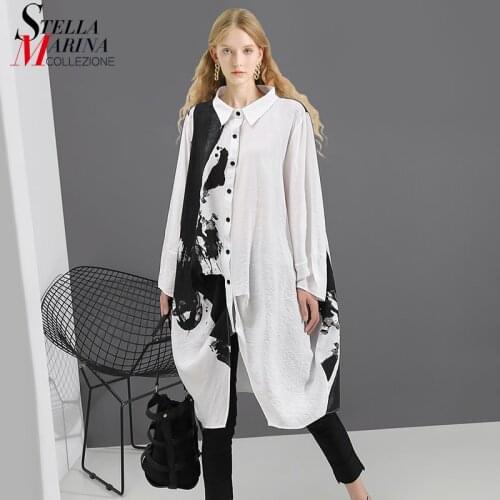 Korean Style Woman Long Sleeve White Print Shirt Dress Painting Plus Size Straight Girls Casual Midi Dress Loose Robe Femme 5459