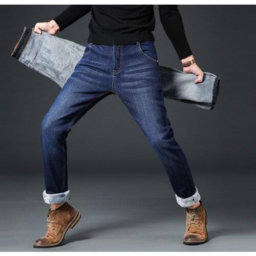 Winter stretch plus velvet jeans mens business thickening casual large size straight warm with velvet mens jeans men