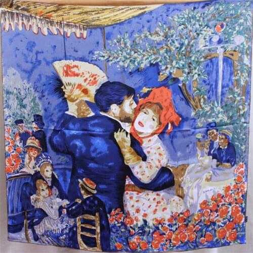 100% Pure Silk Scarf Women Oil Painting Square Scarves Wraps Head Handkerchief Muslim Hijabs Silk Foulards Bandana 90x90CM