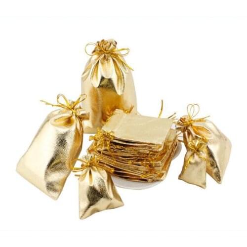 100pcs/lot 5x7 7x9 9x12 10x15cm Golden/Silver Color Drawstring Organza bag Christmas Wedding Gift Pouches Jewelry Packaging bags