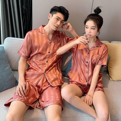 2021 Summer Homewear Couple 's Pajamas Set Short Sleeve Satin Silk Thin Plus Size Loose Men Women 's Two Piece Suit Casual Tops