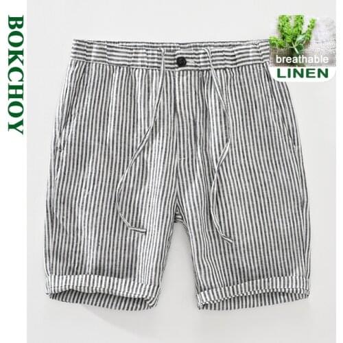 2021 Summer Spring New Men Striped Straight Leg Linen Casual Shorts Elasticated Youth Loose Five-point Pants GA-8179