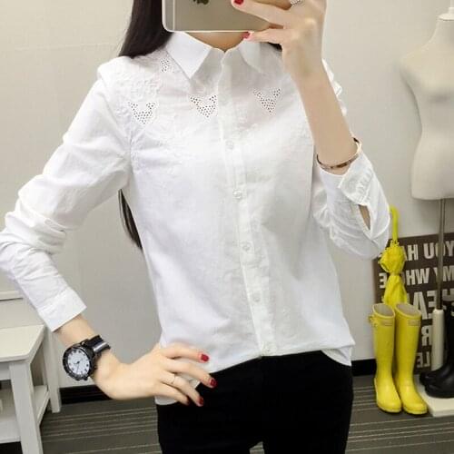 2021 Autumn Fashion Female Cotton White Blouse Office Ladies Elegant Hollow Out Loose Blouse Tops Casual Long Sleeve Shirts Q575
