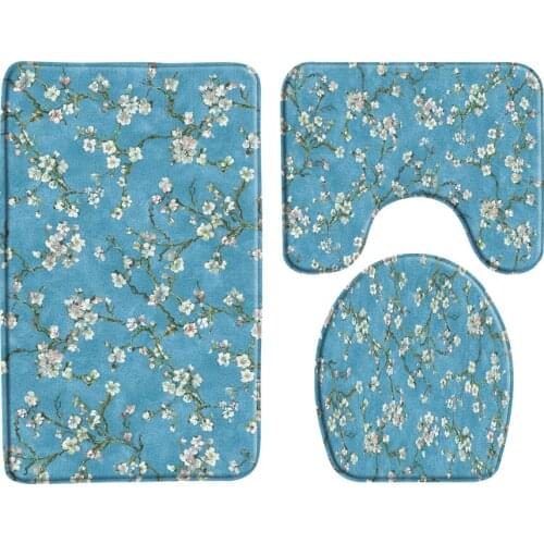 3D Flower Branch Bath Mat 3-Piece Set Plant Printing Bathroom Mats Rug Toilet Carpets Anti-Slip Bathtub Mat Bathroom Products