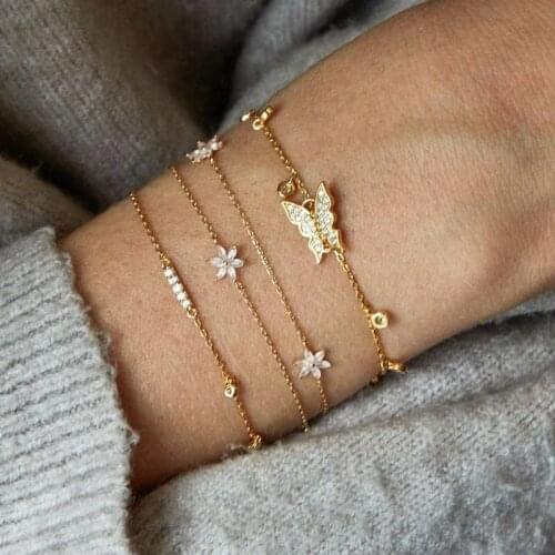 4 Pcs/Set Women Fashion Gold Crystal Butterfly Flower Bracelet Set Charm Trendy Bracelets for Women Jewelry