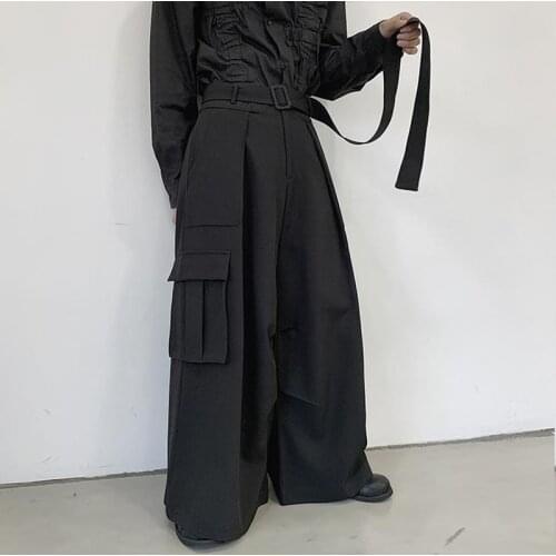 Yamamoto dark autumn three dimensional pocket loose wide leg straight pants fashion belt casual pants mens work clothes pants