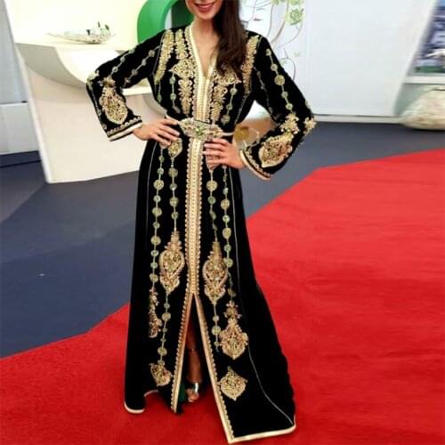 Black Long Sleeve Moroccan Caftan Evening Dress With Gold Embroidery Islamic Dubai Saudi Arabic Prom Dress Abaya Formal Gown
