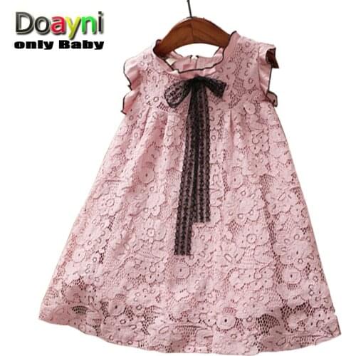 Doayni Baby Preppy Style Girls Vest Dress Big Bow with Short Petal Sleeve Children Princess A-line Dress Pink White Gray