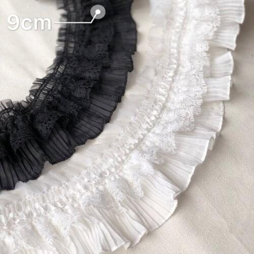 9CM Wide White Black Elastic Pleated Chiffon Lace Guipure Skirt Curtain Beds Toy Dolls Clothing Dress Lace trimmings For Sewing