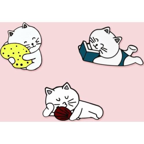 3 styles Enamel Lapel Pin Cartoon Animal Jewelry Lying Cat Reading sleeping Custom Brooch Bag Clothes Button Denim Pins Badge