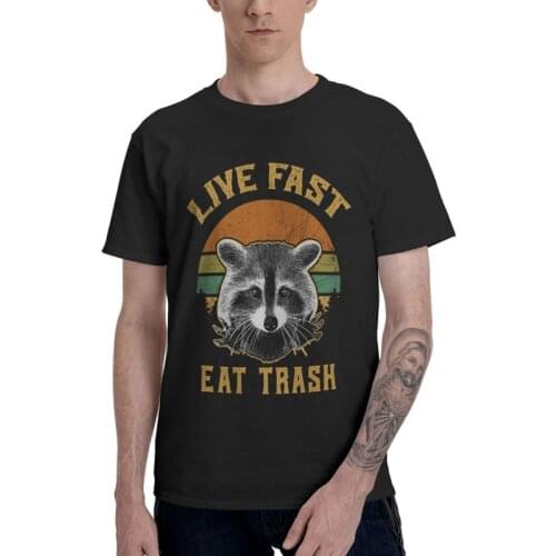 Male Retro Live Fast Eat Trash Raccoon T-Shirt Harajuku Racoon Tshirt Short Sleeve Unique T Shirt Homme Cotton Tee Tops Clothing