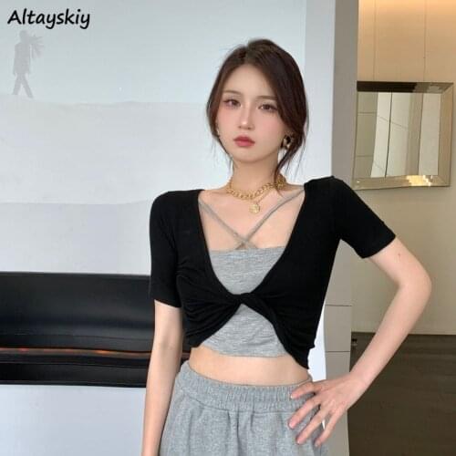 T-shirts Women Sexy Skinny Short Sleeve Patchwork Design Club Hot Girls Summer Fake-two-piece All-match Leisure Teen Simple BF