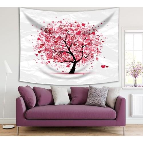 Tapestry Tree with Hearts Leaves Spring Nature Love Beauty Theme Decorative Artwork Red Black